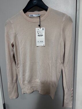 Zara Beige Knit Sweater Button Cuffs Round Neck Women's S NWT